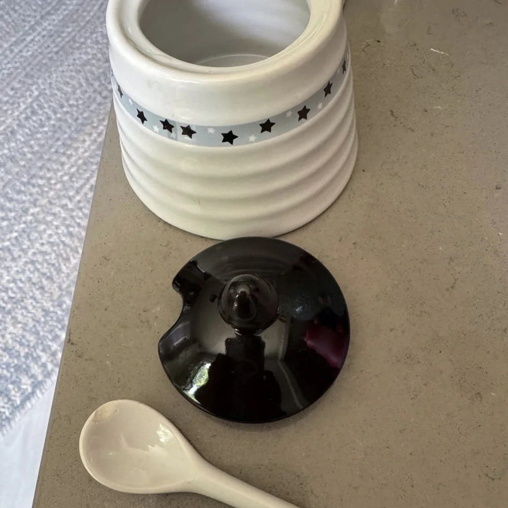 White Ceramic jam, jelly, honey Jars with navy Lids & serving spoons.. set of 3